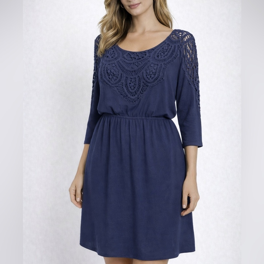 Maitai Navy Blue Crochet Lace Yoke Midi Dress | Boho 3/4 Sleeve (1168)
